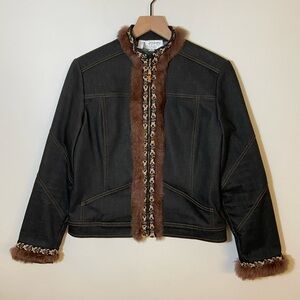 ST.JOHN Collection By Marie Gray Black Beige Brown Fur Trim Jacket Sz 2 Western